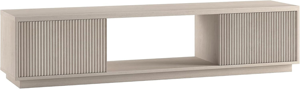 Henn&Hart Fluted TV Stand for TVs up to 78' with 2 Ribbed Side Storage Cabinets and Open Center Storage for Living Room, Family Room, or Office, Beech White