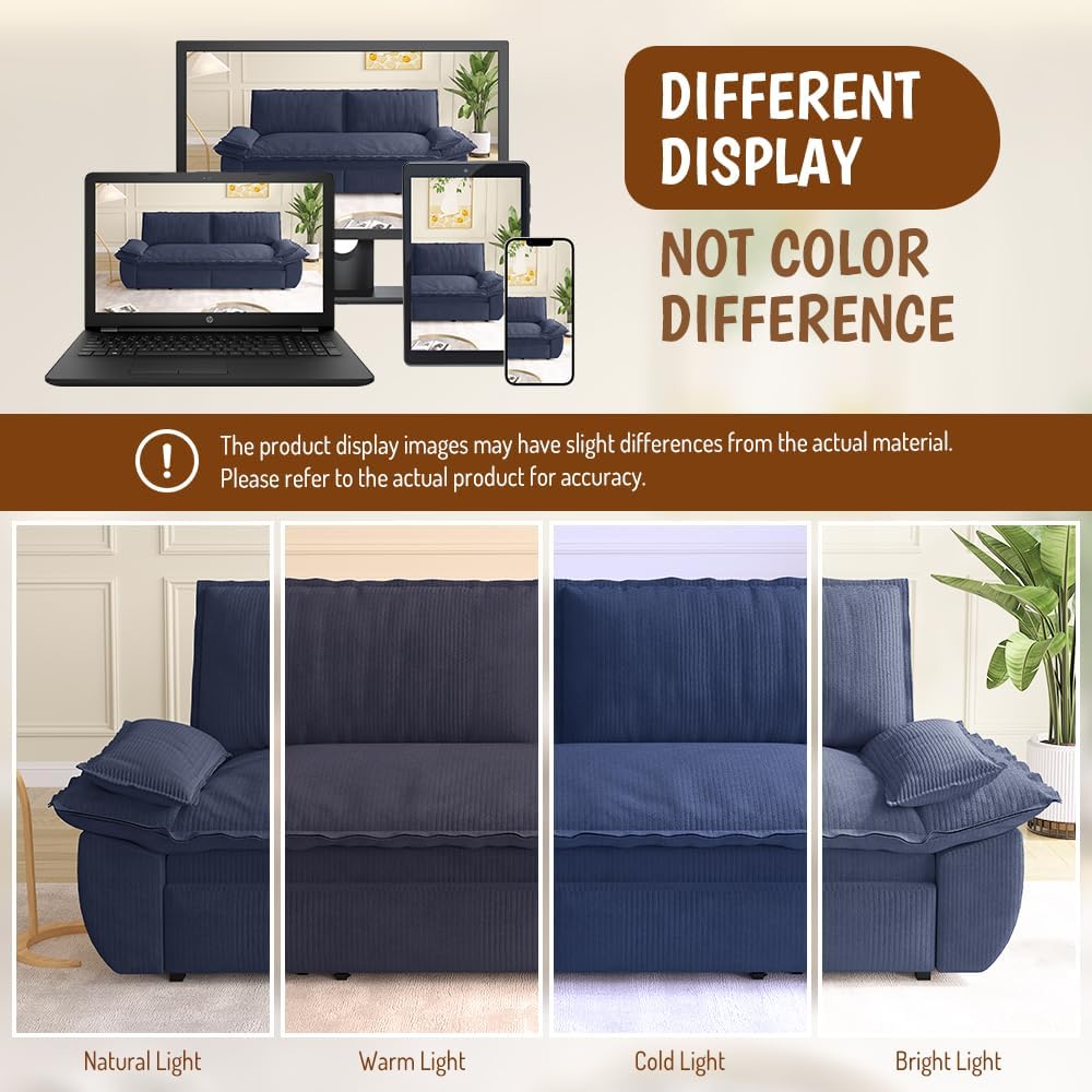 73.2' Sofa Bed Queen, 3-in-1 Pull Out Sofa Bed with Pillow Armrest, Modern Corduroy Convertible Sleeper Futon Sofa for Living Room Small Space, Apartment, Bedroom, Blue
