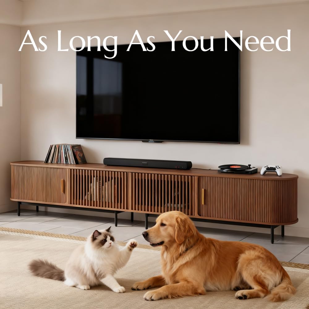 POVISON Fully-Assembled Sliding Tambour Door TV Stand, Mid Century Modern TV Console, Wood Media Console, Entertainment Center with Storage Cabinet (Walnut, 118.11')
