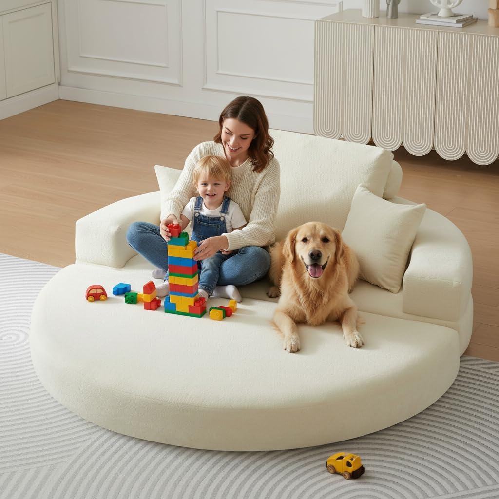 71' Boneless Couch Sofa Bed Oversized Round Couch 2-in-1 Foldable Floor Loveseat Sofa for Living Room and Apartment No Assembly (Beige, 71')