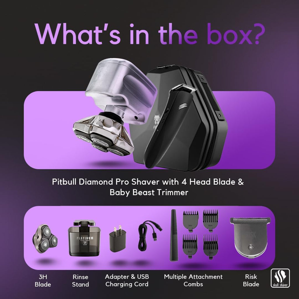 Skull Shaver Pitbull Diamond PRO Head & Face Shaver - Waterproof Cordless Electric Shaver - Metal Body - Baby Beast Trimmer - Travel Case - Gift for Men