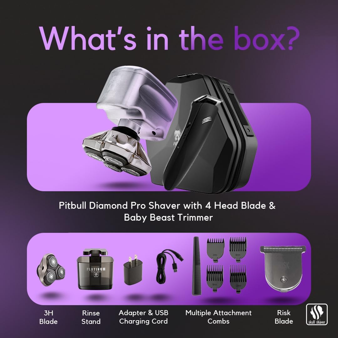 Skull Shaver Pitbull Diamond PRO Head & Face Shaver - Waterproof Cordless Electric Shaver - Metal Body - Baby Beast Trimmer - Travel Case - Gift for Men
