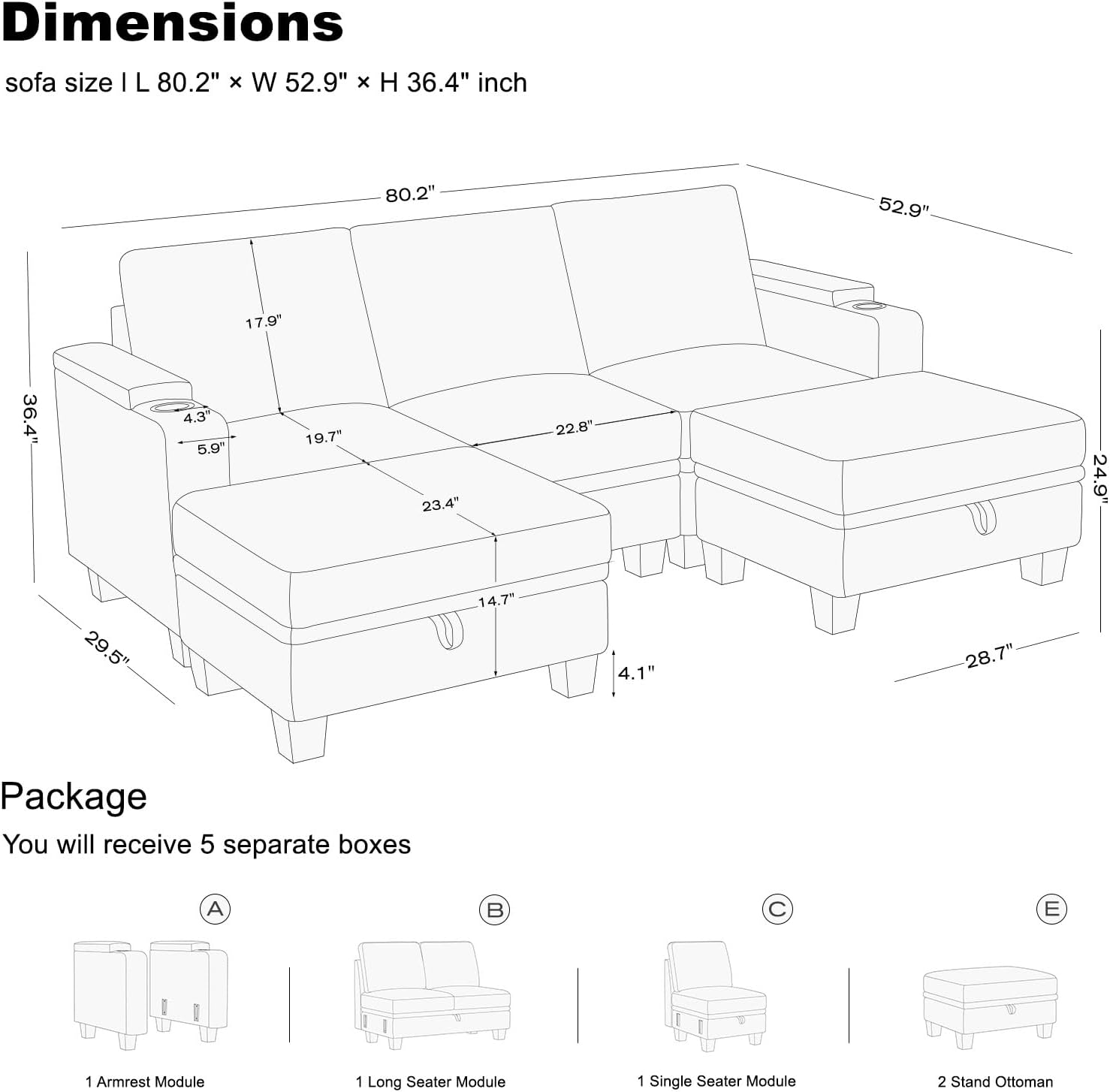 Belffin Small Corner Modular Sectional Couches for Living Room U Shaped Couch with Cup Holder Dark Grey Couch