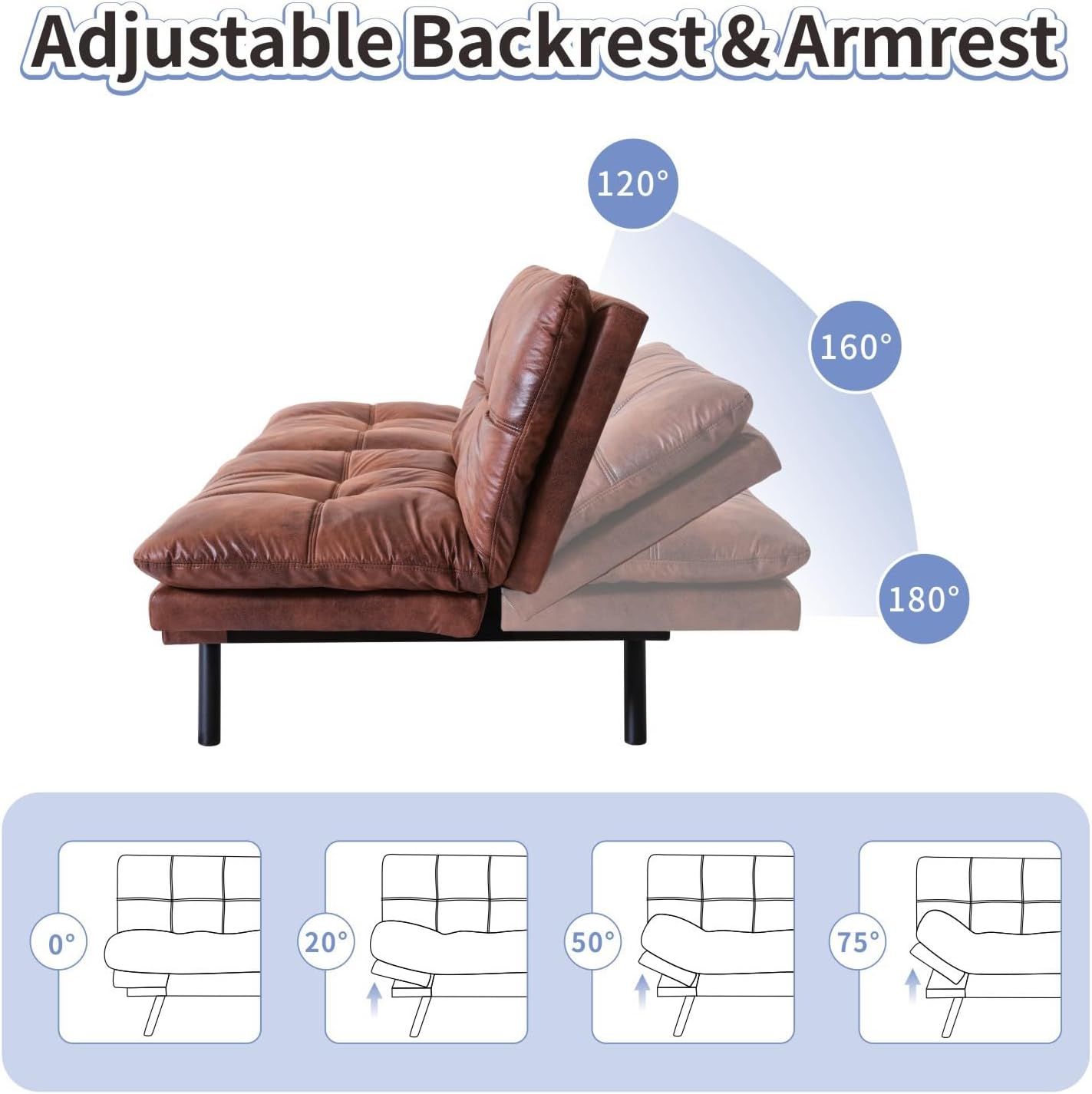 MUUEGM Brown Futon Sofa Bed Leather Memory Foam Modern Office Couch Sleeper Bed Convertible Love seat Sofa for Small Spaces,Apartment,Office with Adjustable Armrest Backrest