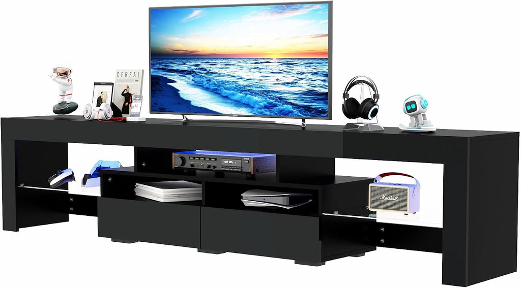 St.Mandyu 86IN LED TV Stand for 90/100 inch TV, High Glossy Modern Entertainment Center with Drawer and Led Lights, Television Table Media Console for Living Game Room Bedroom, Black