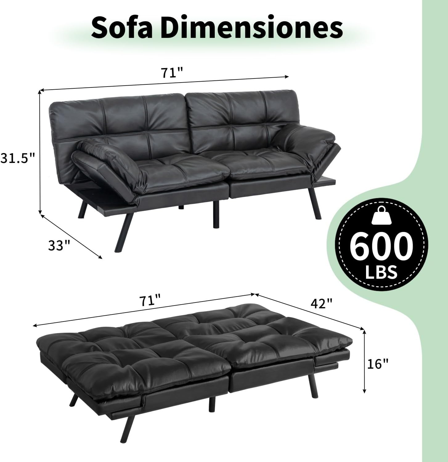 MUUEGM 71' Convertible Futon Sofa Bed, Upholstered Small Futon Couches with Adjustable Backrest, Loveseat Sleeper Bed for Compact Living Room Studio Office (Matte Black)