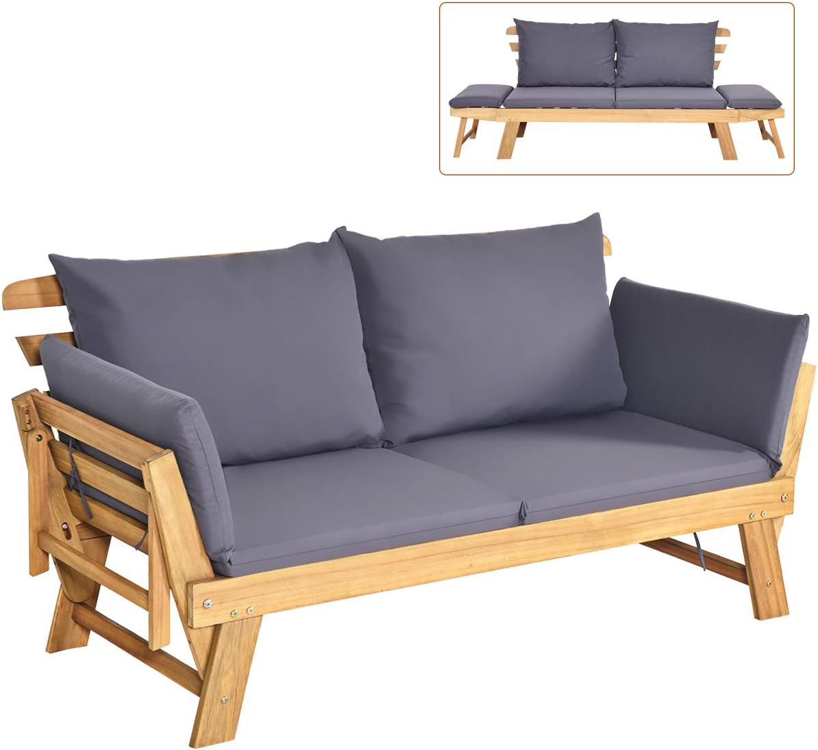 Tangkula Convertible Acacia Wood Patio Couch Sofa Bed with Adjustable Armrest, Outdoor Daybed with Cushion & Pillows, Outside Folding Futon Sofa Couch Bench for Porch, Courtyard, Poolside & Garden