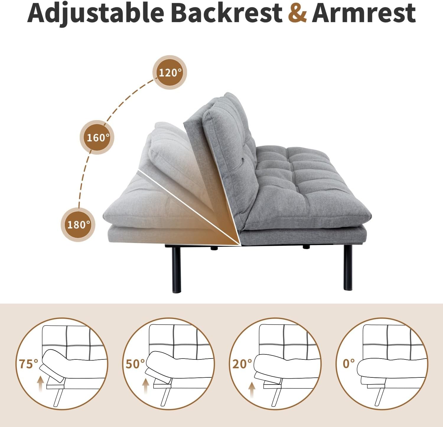 MUUEGM Futon Sofa Bed, 71' Convertible Memory Foam Sofa Couch with Adjustable Backrest & Armrests, Modern Upholstered Sleeper Couch for Small Spaces, Living Room & Apartment, Linen Fabric, Lihgt Gray