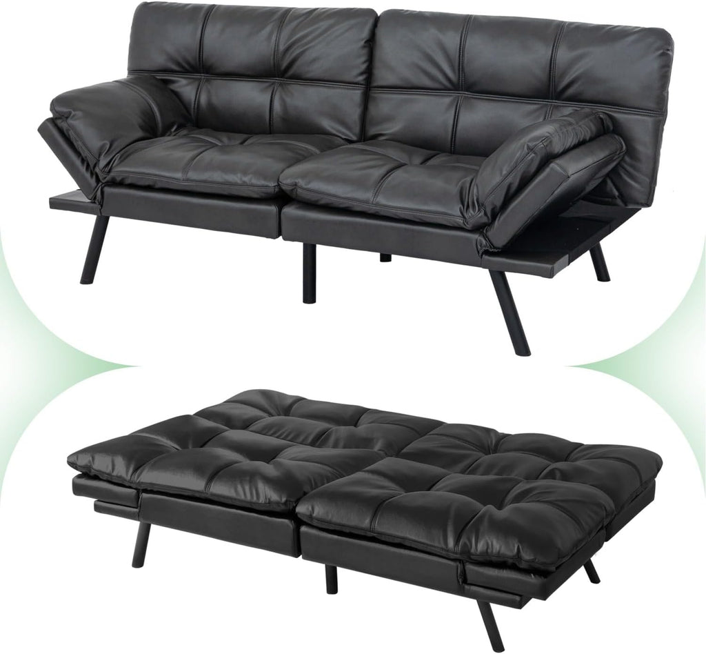 MUUEGM 71' Convertible Futon Sofa Bed, Upholstered Small Futon Couches with Adjustable Backrest, Loveseat Sleeper Bed for Compact Living Room Studio Office (Matte Black)