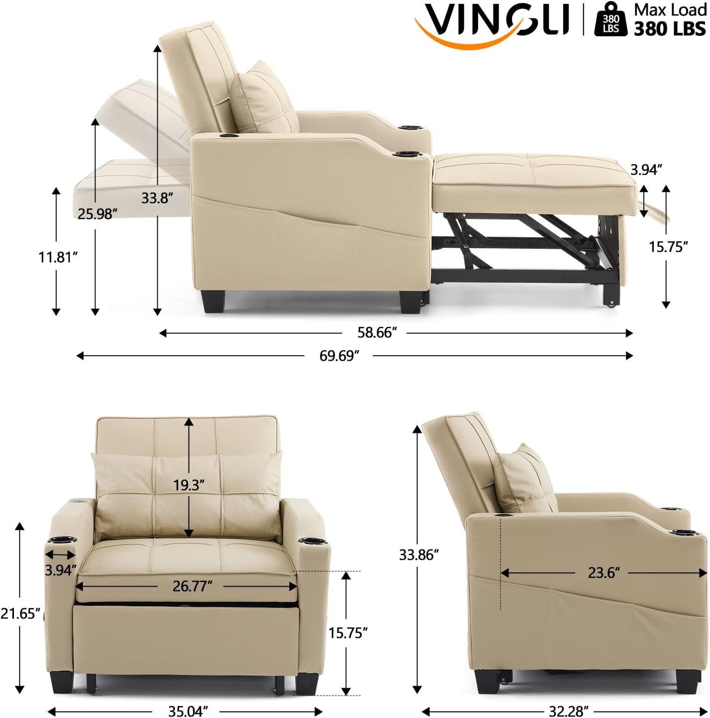 VINGLI Beige Sleeper Chair Bed 3-in-1 Convertible Futon Sofa Bed Pull Out Couch Bed Adjustable Recliner Chair with USB Ports Cup Holders Side Pockets for Living Room Bedroom Small Spaces