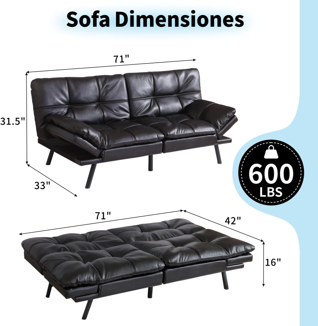 MUUEGM 71' Convertible Futon Sofa Bed, Upholstered Small Futon Couches with Adjustable Backrest, Loveseat Sleeper Bed for Compact Living Room Studio Office (Black)