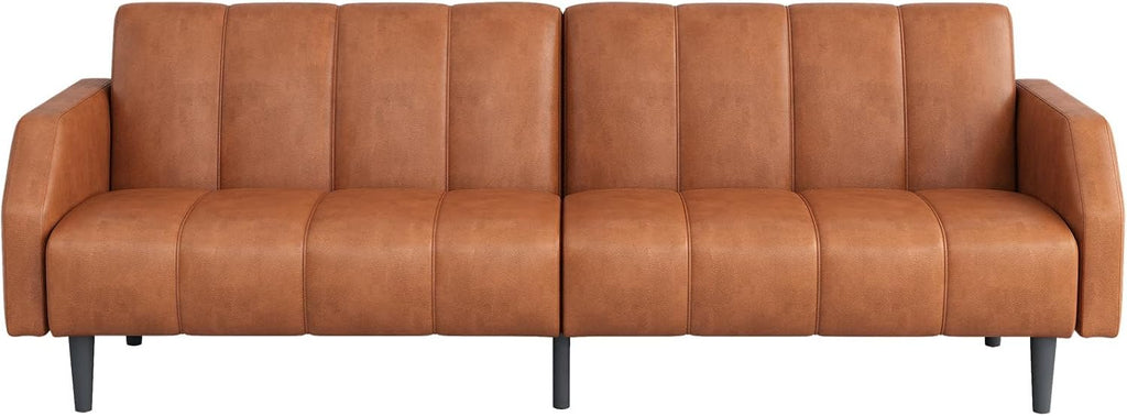 Fadware Faux Leather Couch, Convertible Futon Sofa Bed with Adjustable Backrest, Mid Century Leather Sofa Loveseat with Side Pockets& Metal Leg, Modern Leather Sleeper Sofa for Living Room Bedroom