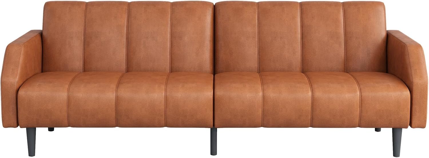 Fadware Faux Leather Couch, Convertible Futon Sofa Bed with Adjustable Backrest, Mid Century Leather Sofa Loveseat with Side Pockets& Metal Leg, Modern Leather Sleeper Sofa for Living Room Bedroom