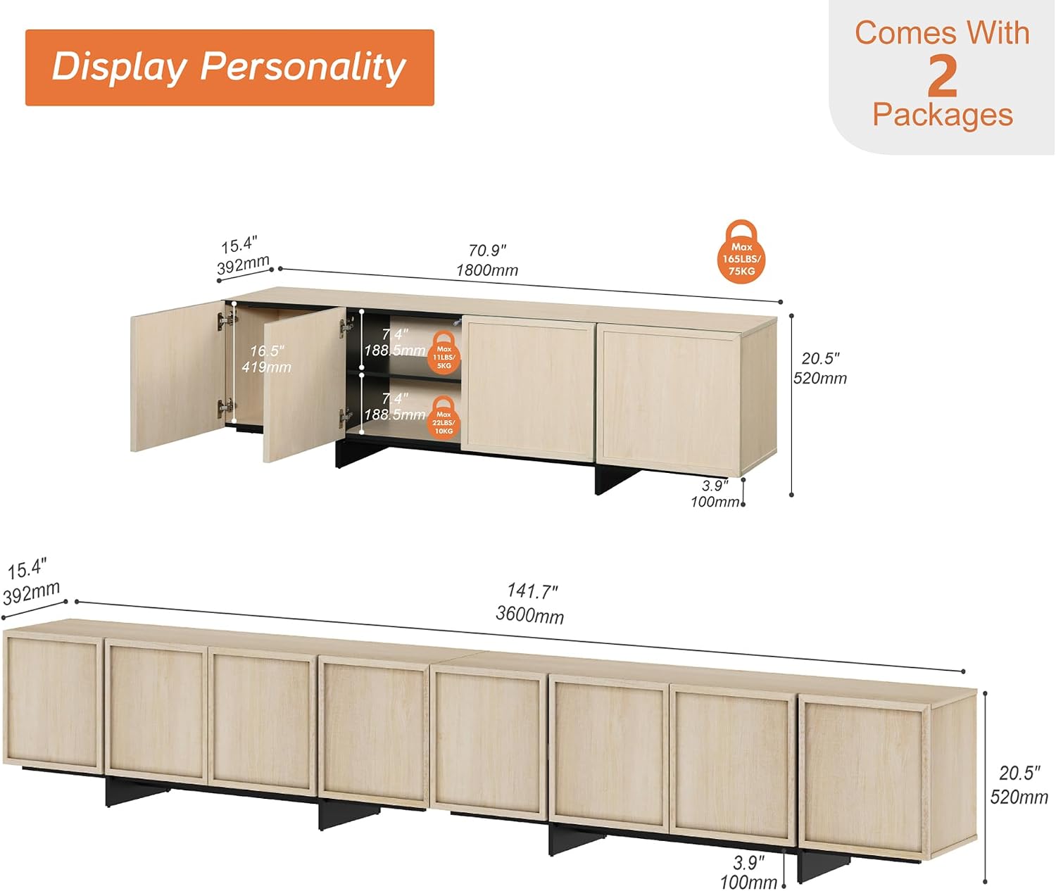 WAMPAT Modern TV Stand for 32-110 inch TVs, Wood Entertainment Center with Storage Cabinets, Media TV Console Table for Living Room, Light Oak
