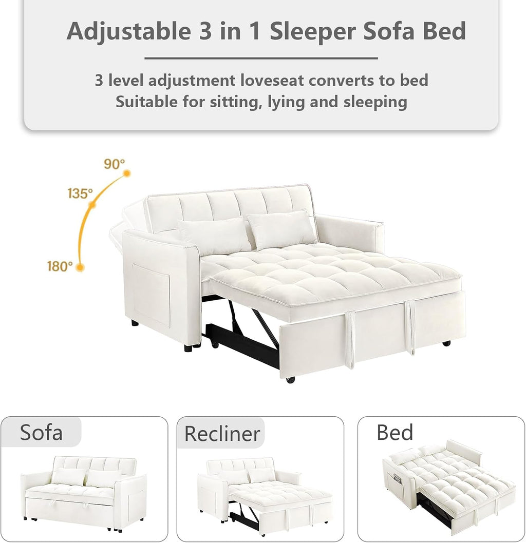 3 in 1 Convertible Sleeper Sofa Bed,Futon Pull Out Couch with Adjustable Backrest,Velvet Fabric Loveseat Sofa with Side Pocket for Bedroom, Living Room (Beige)