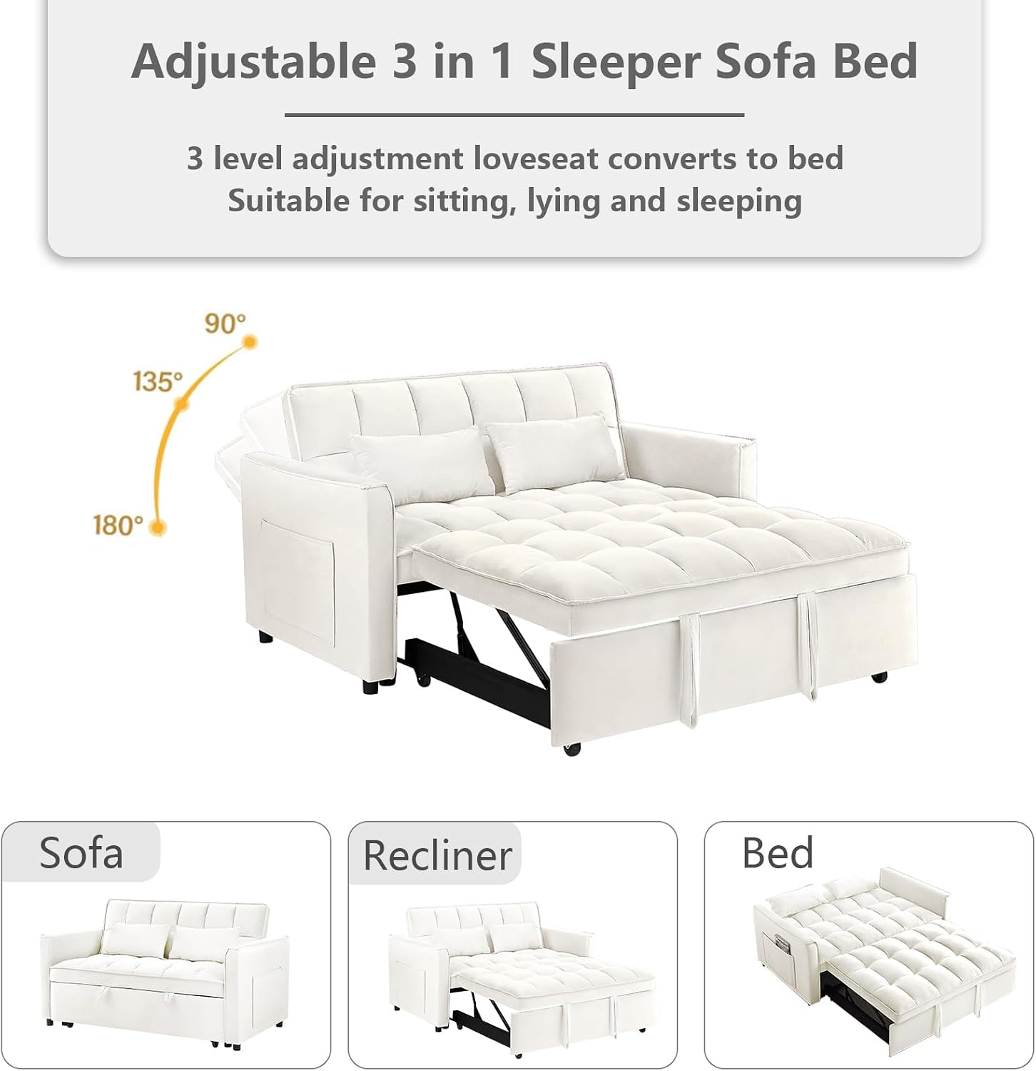 3 in 1 Convertible Sleeper Sofa Bed,Futon Pull Out Couch with Adjustable Backrest,Velvet Fabric Loveseat Sofa with Side Pocket for Bedroom, Living Room (Beige)