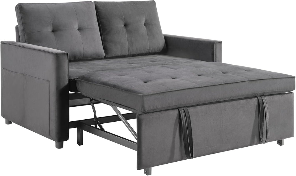 Sofa Bed, Pull Out Couch with Side Pockets, 3 in 1 Velvet Fabric Loveseat Sleeper Sofa Bed, Pull Out Couch with Adjustable Backrest for Living Room, Bedroom, Apartment, Gray, 53 Inch