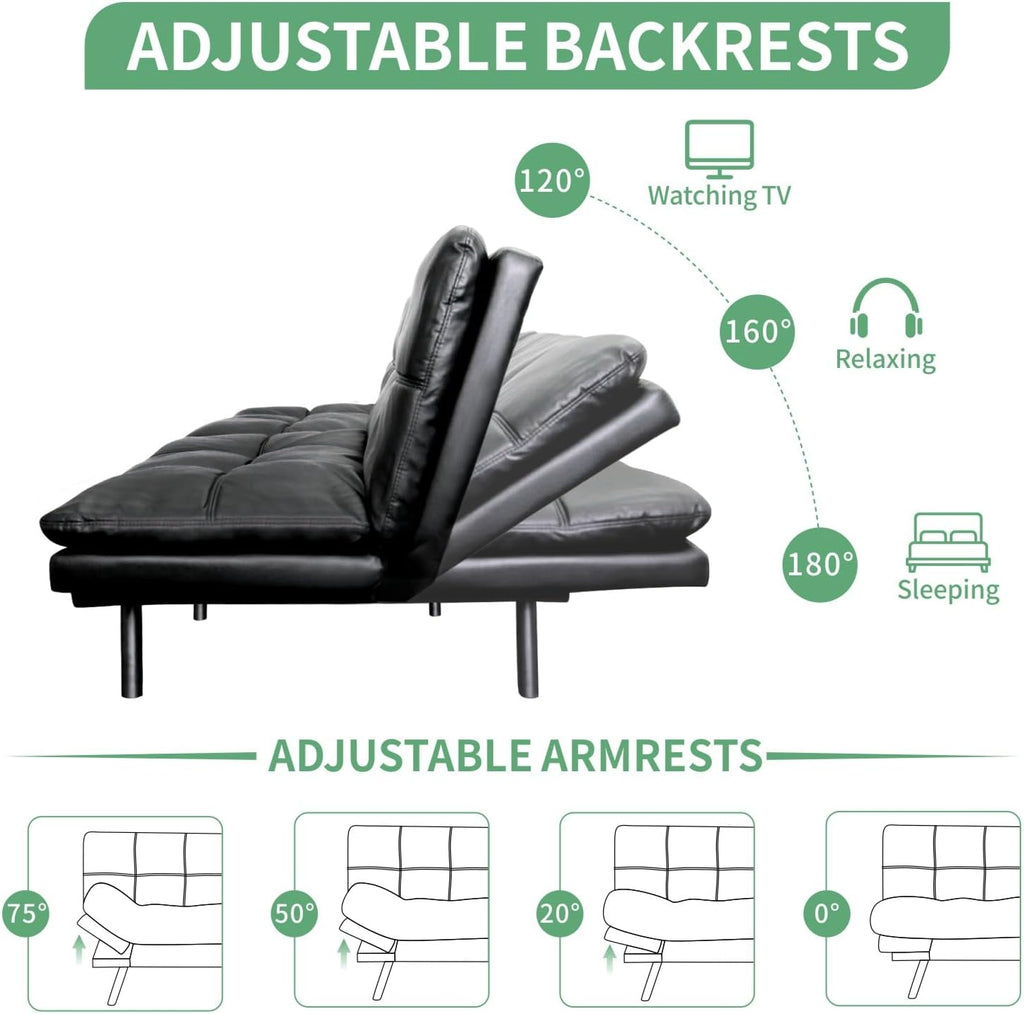 MUUEGM 71' Futon Sofa Bed, Convertible Couch Filled with Memory Foam, Modern Loveseat with Adjustable Backrest&Armrest, Sofas for Living Room,Game Room,Dormitory,Office.Black Leather