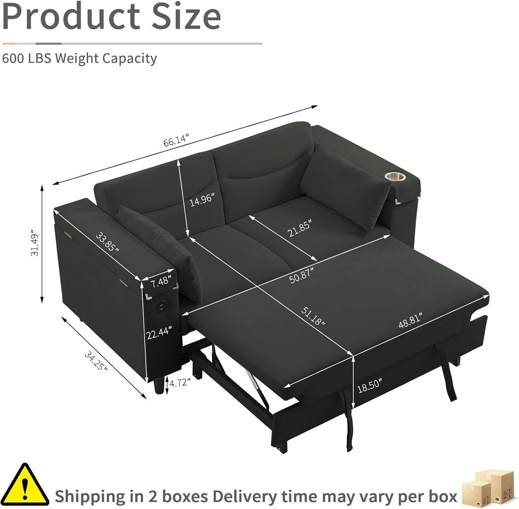 hansones 66' Multi-Functional Pull-Out Sofa Bed with Hidden Side Table, Storage Armrests, Built-in Charging Port, Spring Mattress, Solid Wood Frame – Ideal for Small Spaces, Easy Assembly