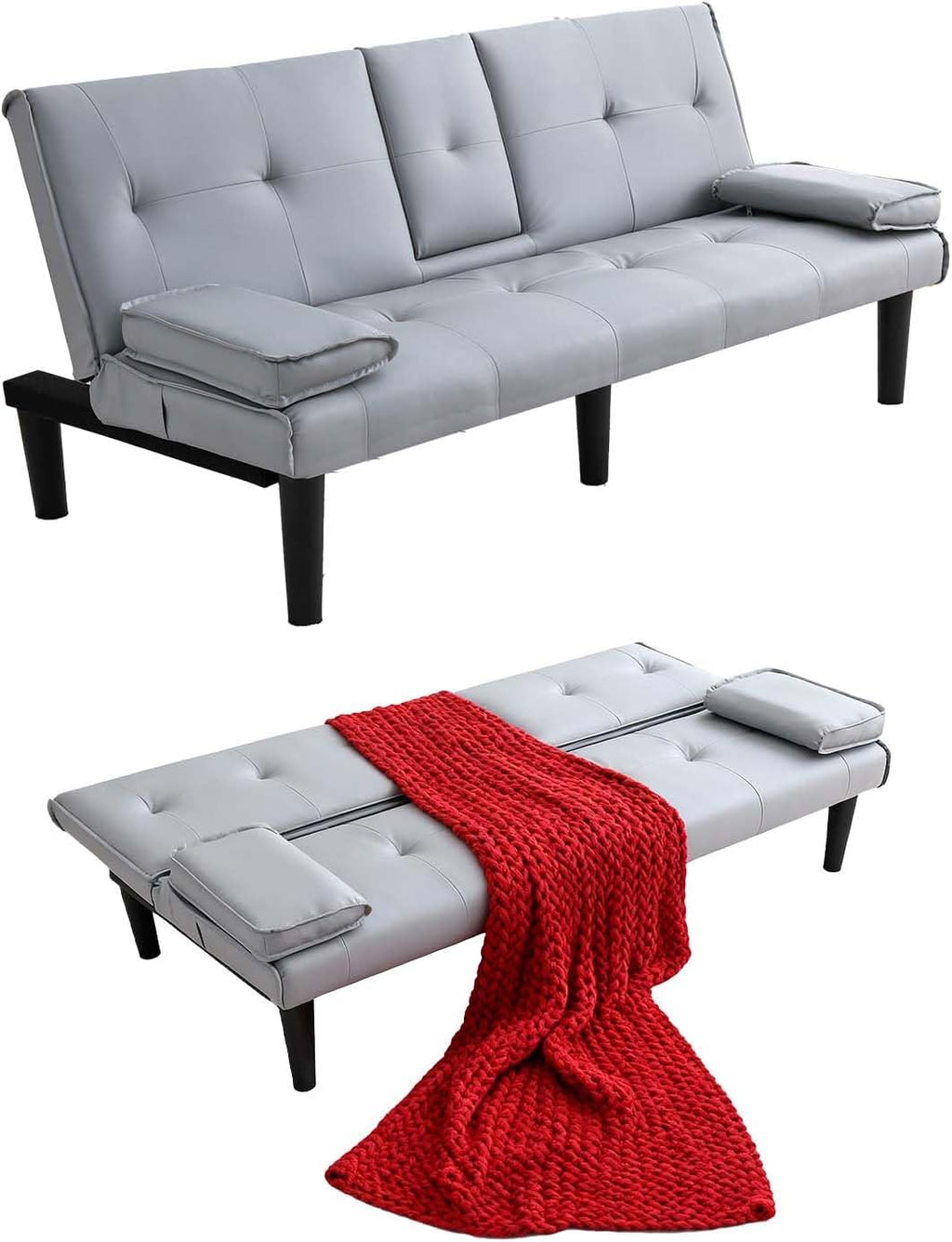 67' Futon Sofa Bed,Convertible Sofa Bed with 2 Cup Holders,Sleeper Couch PVC Leather Removable Soft Armrest Small Couch for Living Room Apartments ﻿ (Light Gray)
