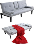 67' Futon Sofa Bed,Convertible Sofa Bed with 2 Cup Holders,Sleeper Couch PVC Leather Removable Soft Armrest Small Couch for Living Room Apartments ﻿ (Light Gray)