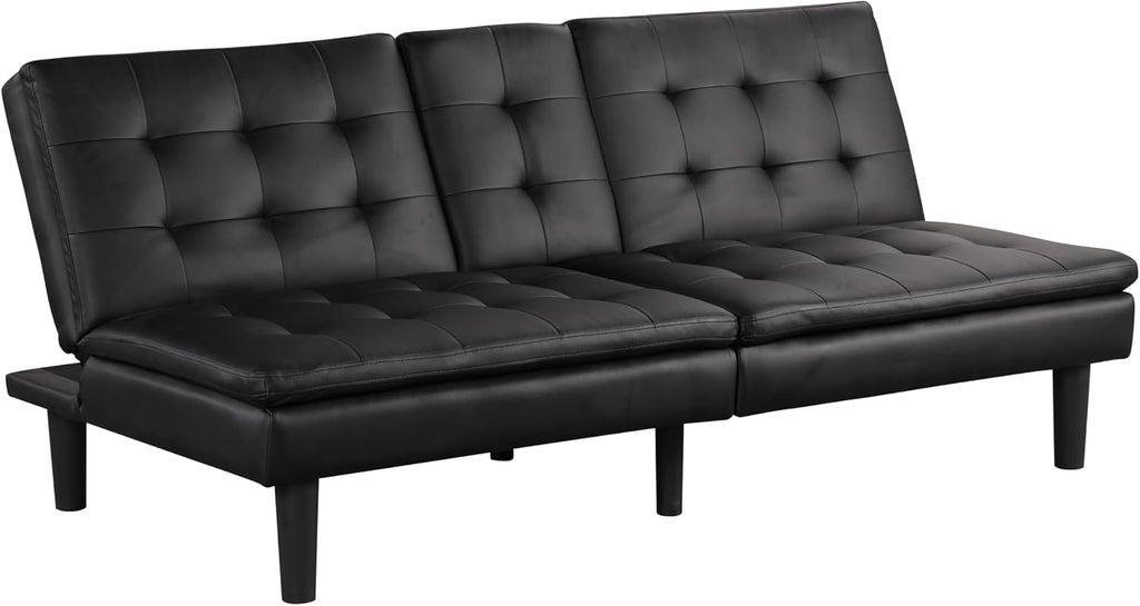 Furniture of America Fallein Modern Contemporary Wood 71.5-inch Futon Sofa Bed with Drop-Down Table, Cup Holders, USB-A Charger, Biscuit Tufting for Bedroom, Guest Room, Black