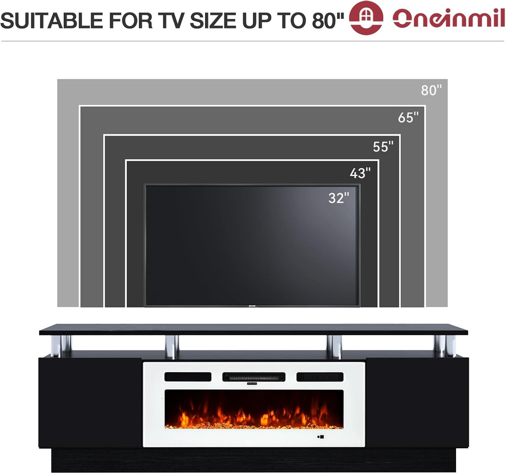 oneinmil Fireplace TV Stand with 36' Electric Fireplace, 70' 2 Tier TV Console Stand for TVs Up to 80', LED Light Entertainment Center, Fireplace for The Living Room TV Stand, Black