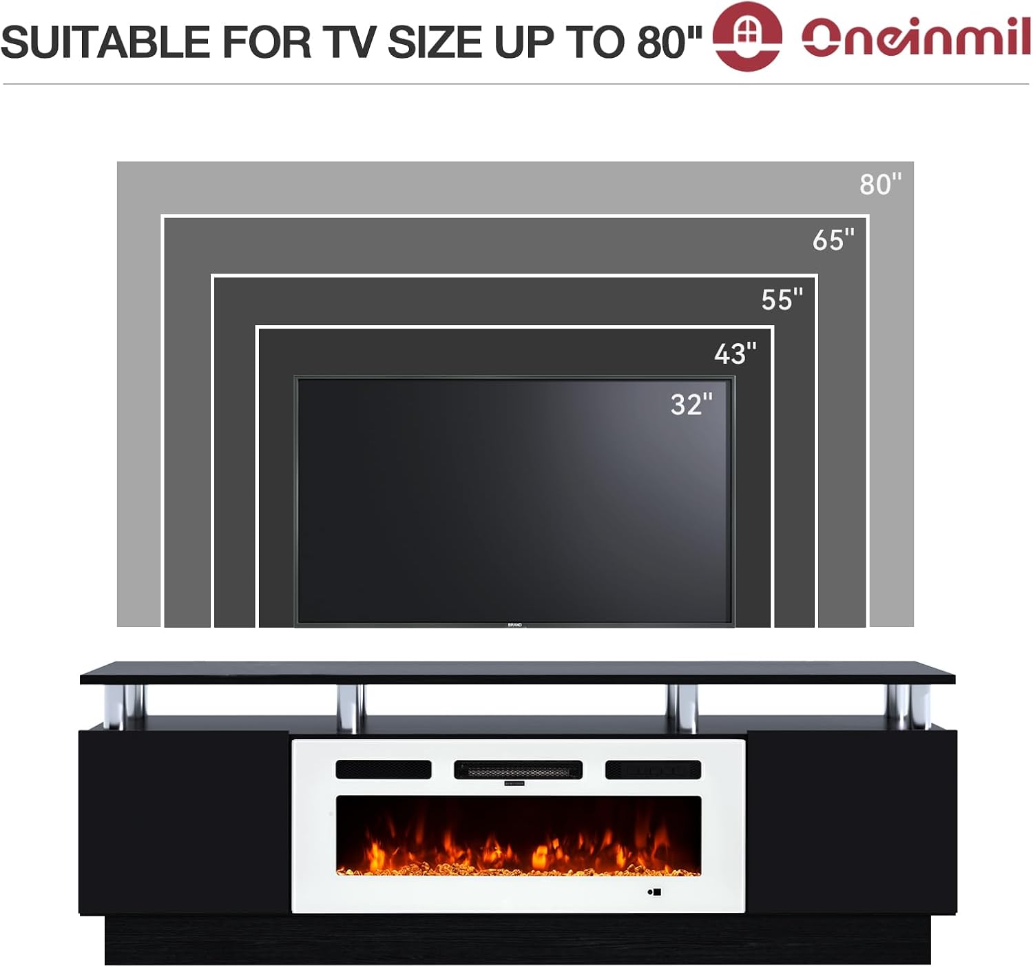 oneinmil Fireplace TV Stand with 36' Electric Fireplace, 70' 2 Tier TV Console Stand for TVs Up to 80', LED Light Entertainment Center, Fireplace for The Living Room TV Stand, Black