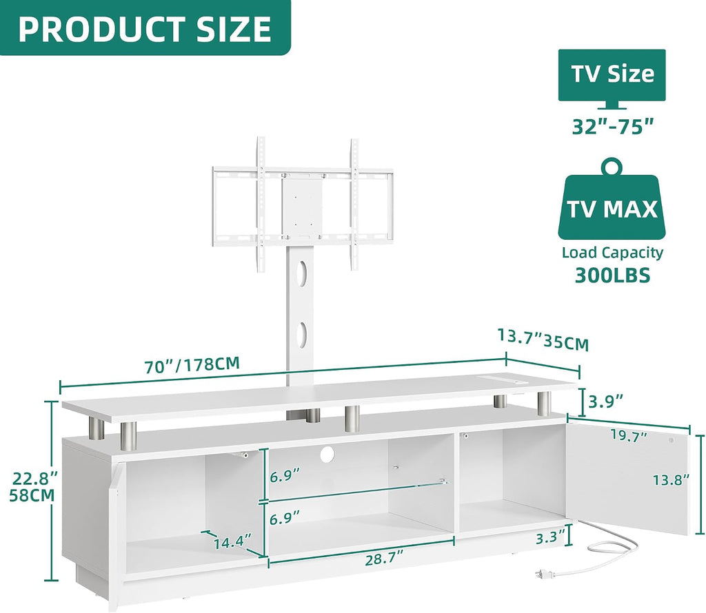 YITAHOME Modern TV Stand with Mount & 2 Doors for 75/70/65 Inch TVs - Built-in Power Outlets, LED Light Strip, Media Console with Storage, Entertainment Center for Living Room, White