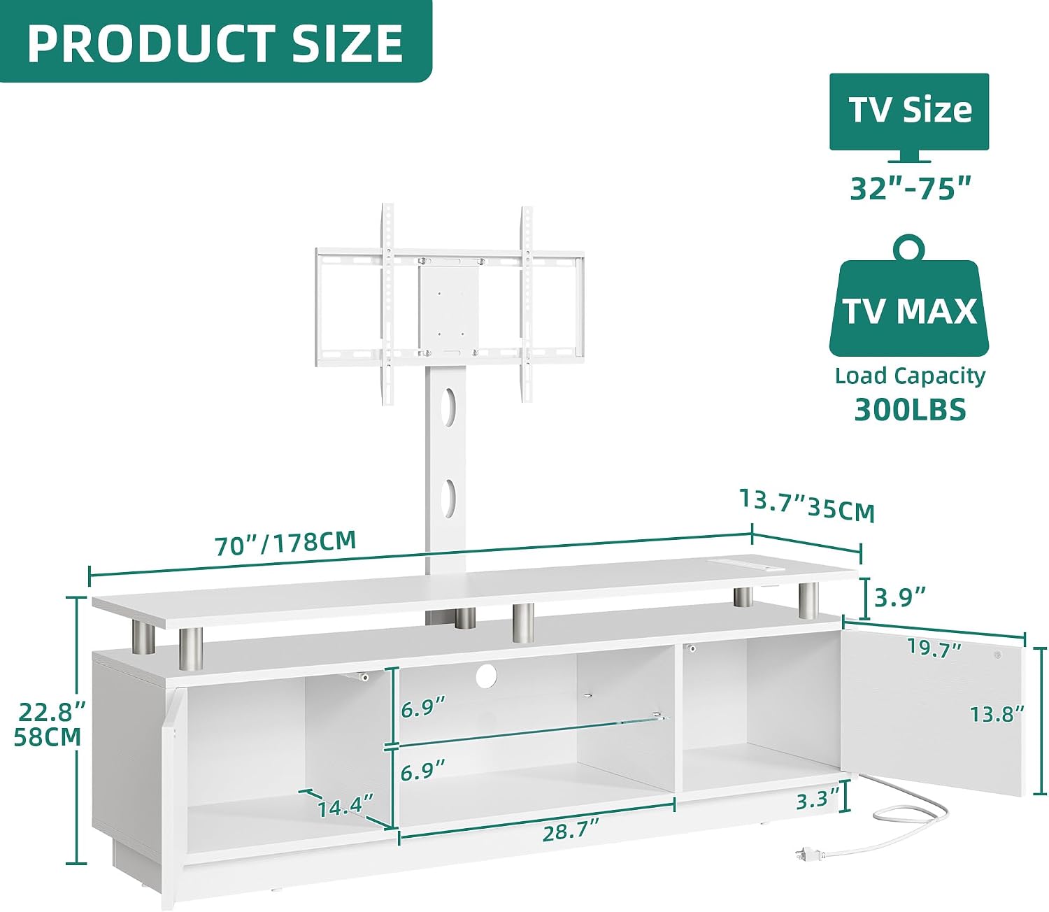 YITAHOME Modern TV Stand with Mount & 2 Doors for 75/70/65 Inch TVs - Built-in Power Outlets, LED Light Strip, Media Console with Storage, Entertainment Center for Living Room, White