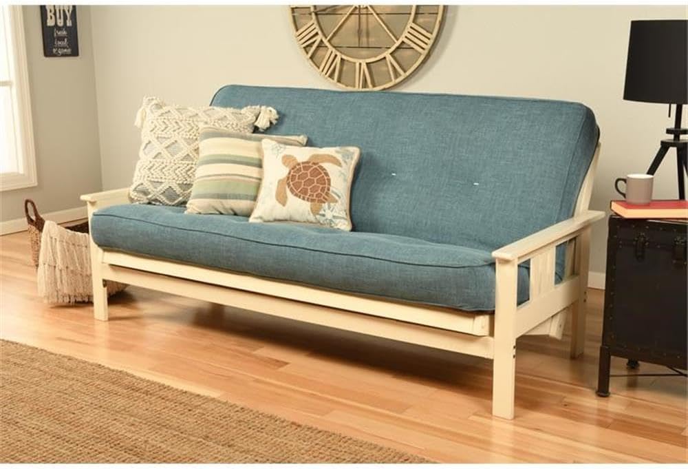 Pemberly Row 7' Full Size Futon Mattress Replacement, Linen Sleeper Sofa Bed Mattress, Cotton and Foam Construction, Aqua Blue-Frame Not Included