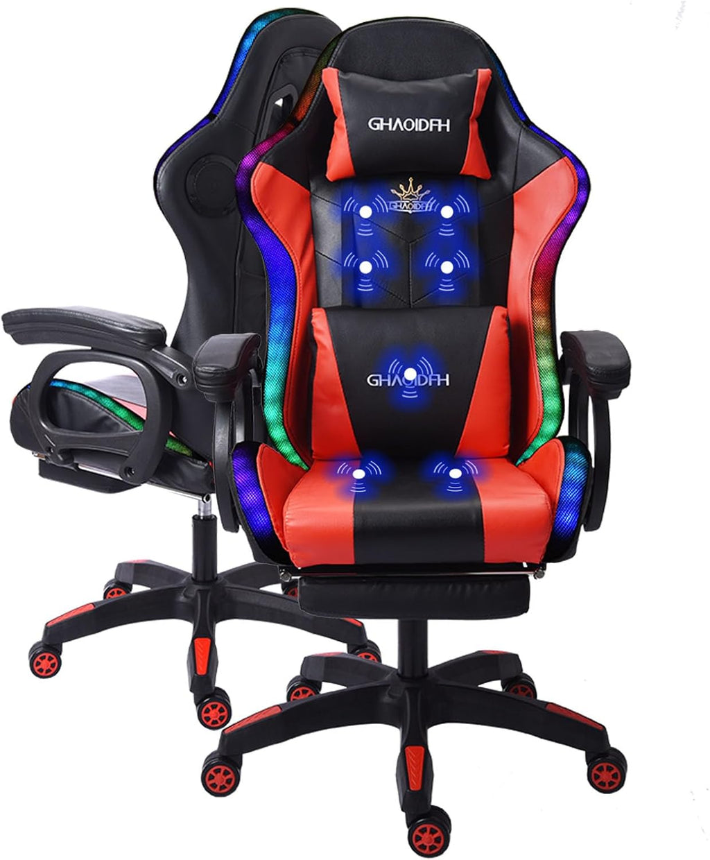 Ergonomic RGB Gaming Chair with Massage, Adjustable Footrest, and Built-in Speakers,Swivel Reclining PU Leather Design with Lumbar Support - Ultimate High-Back Racing Gaming Chair.,Red