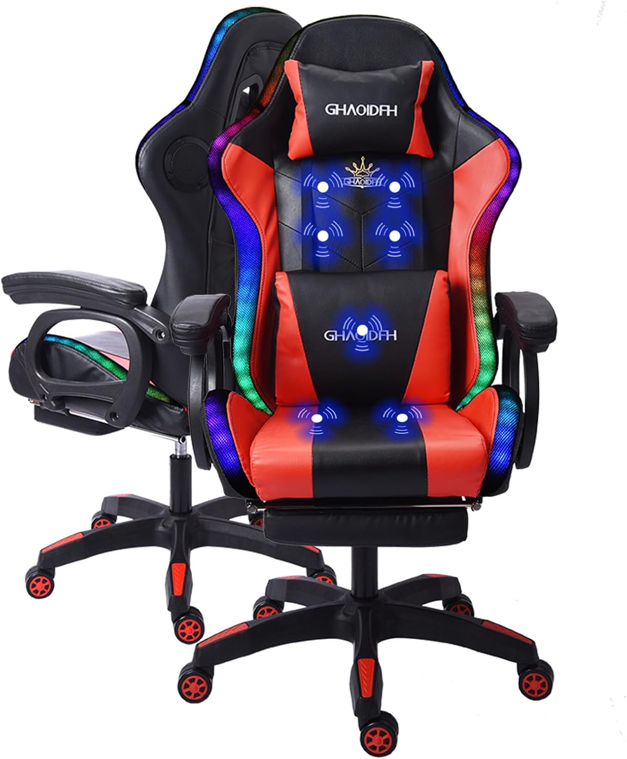 Ergonomic RGB Gaming Chair with Massage, Adjustable Footrest, and Built-in Speakers,Swivel Reclining PU Leather Design with Lumbar Support - Ultimate High-Back Racing Gaming Chair.,Red