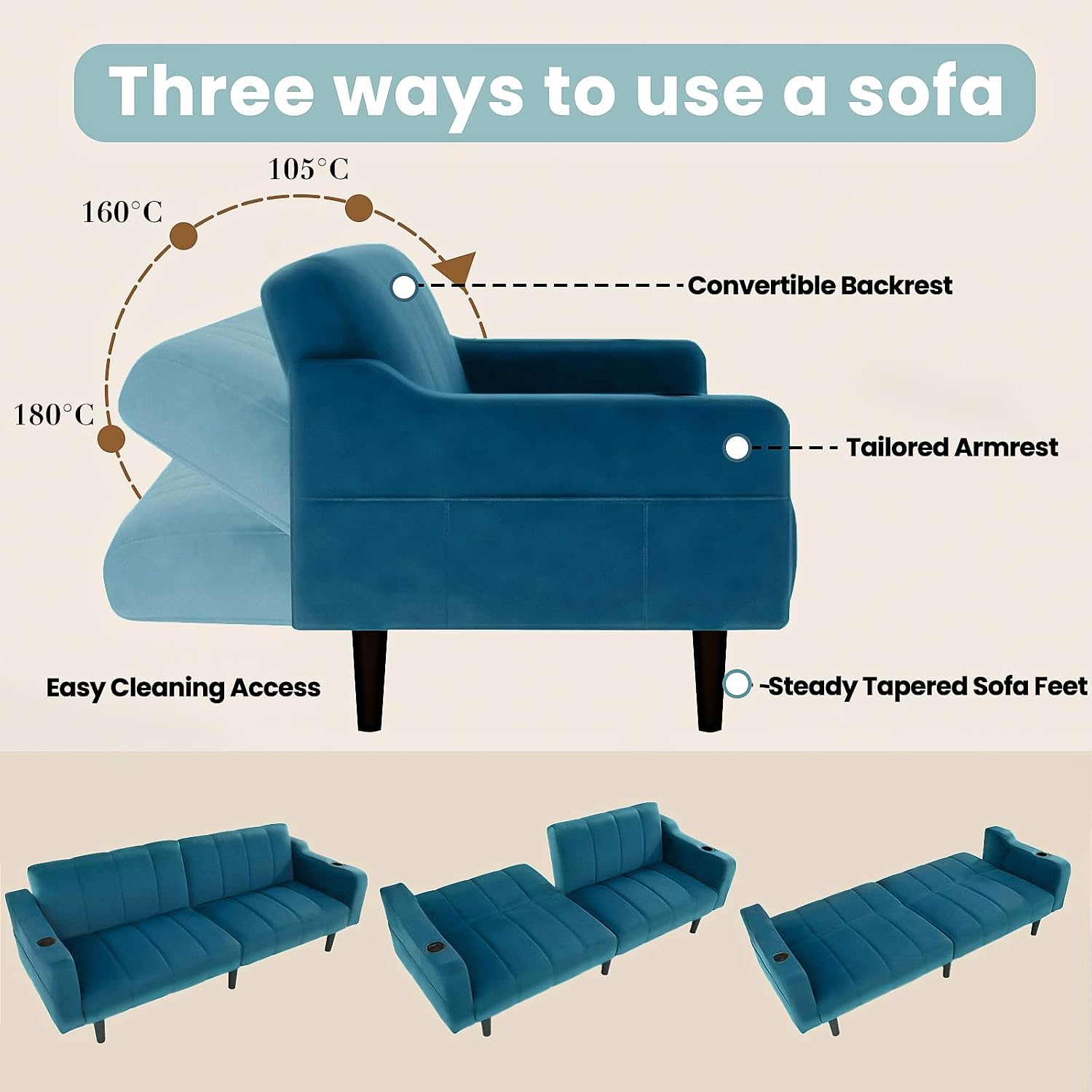 80' Velvet Futon Sofa Bed, Convertible Sleeper Loveseat with Cup Holders & Storage Pockets, Mid Century Modern Couch for Living Room, Bedroom, Office, Small Space (Dark Blue)