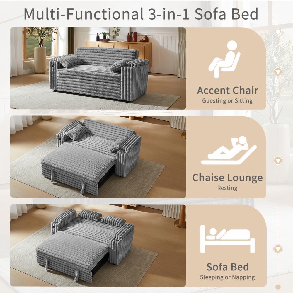 hansones 68.11' Corduroy Sleeper Chair Bed with USB Port, Cup Holders & Side Storage Pockets – 3-in-1 Foldable Sofa Bed for Guest Room, Living Room– Gray