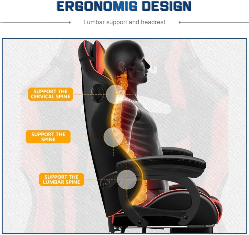 RGB Gaming Chair for Adults with Footrest and Massage Lumbar Pillow, Swivel Height Adjustable Racing Reclining, PU Leather LED Video Game Chair with Speakers E-Sports Gaming Chair