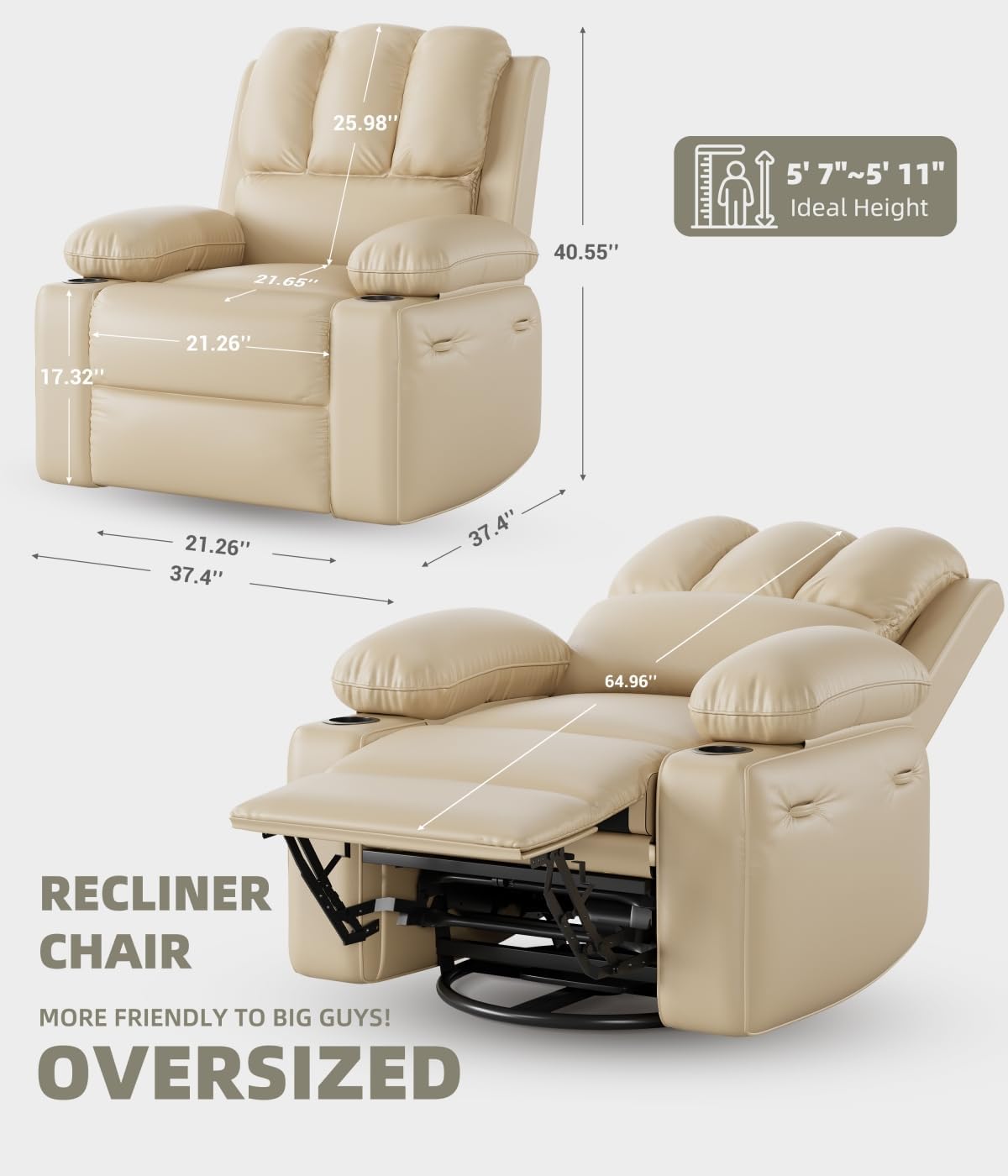 22'' Electric Recliner Chair for Adults, Swivel Rocker Recliner with Massage and Heat, Pu Leather Single Sofa with Cup Holder and Side Pocket, for Living Room, Bedroom, Creamy