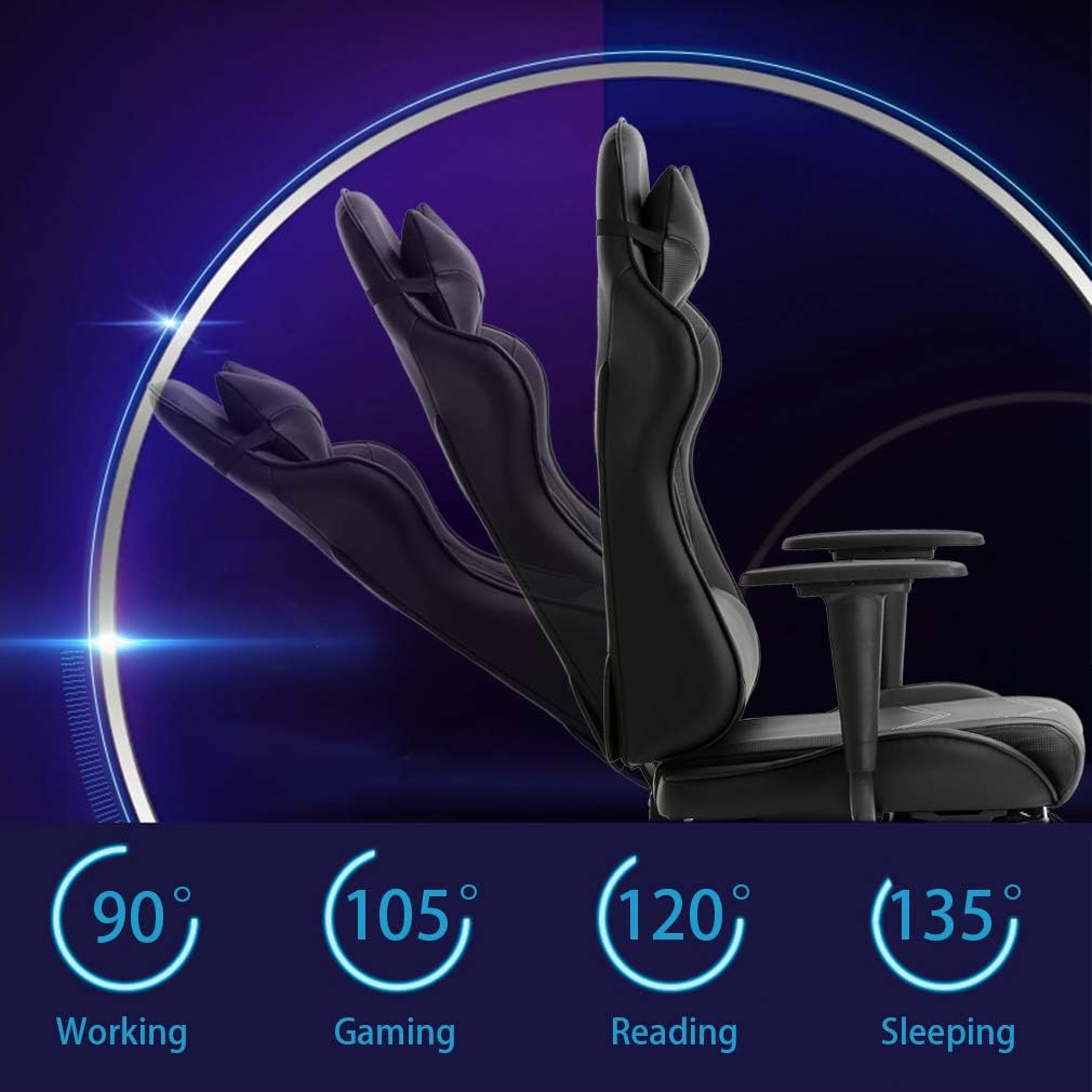 Ergonomic Gaming Chair for Adults, Adjustable High-Back Computer Desk Chair with Lumbar Support and Footrest, Leather Office Chair for Gaming, Big and Tall Comfy Gamer Chair (Black)