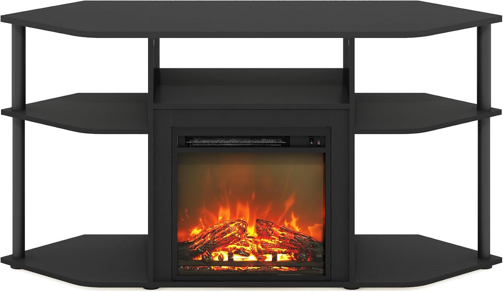 Furinno Jensen Fireplace TV Stand, Corner Entertainment Center, TV Console for TV up to 55 Inch with Fireplace, Plastic Poles and Open Storage, for Living Room, Bedroom, Americano