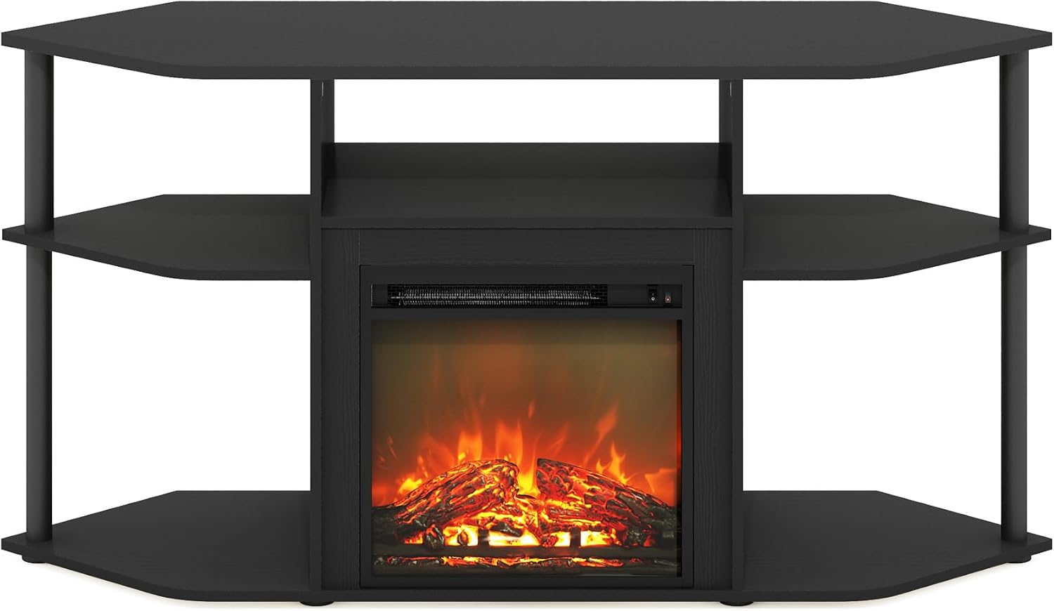 Furinno Jensen Fireplace TV Stand, Corner Entertainment Center, TV Console for TV up to 55 Inch with Fireplace, Plastic Poles and Open Storage, for Living Room, Bedroom, Americano