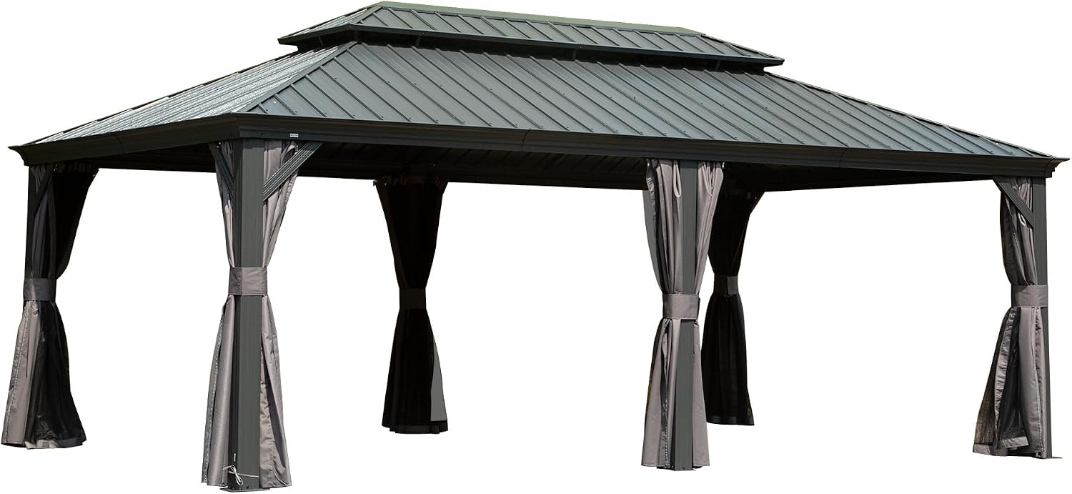 14x20 Hardtop Gazebo Outdoor: Galvanized Steel Double Roof Aluminum Frame - Removable Curtains Netting for Patio Deck Garden Backyard Gardening Enthusiasts