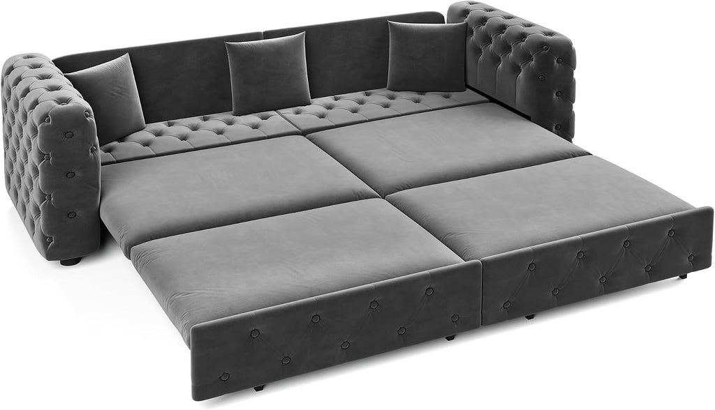 89' Pull Out Sofa Bed King Size, Velvet Chesterfield Sleeper Sofa Couch, 3 in 1 Convertible Recliner, Modern Tufted Deep Seat Couches for Living Room, Small Space, Apartment, Concrete Gray