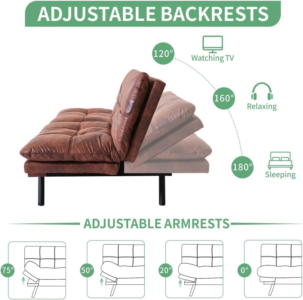 MUUEGM 71' Futon Sofa Bed, Convertible Couch Filled with Memory Foam, Modern Loveseat with Adjustable Backrest&Armrest, Sofas for Living Room,Game Room,Dormitory,Office.Brown Leather