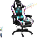 Full Massage Gaming Chair for Adults Video Game Chair with Speaker and RGB Light PU Leather Office Chair with Footrest Headrest Armrest Recliner Computer Chair Swivel E-Sports Chair,White
