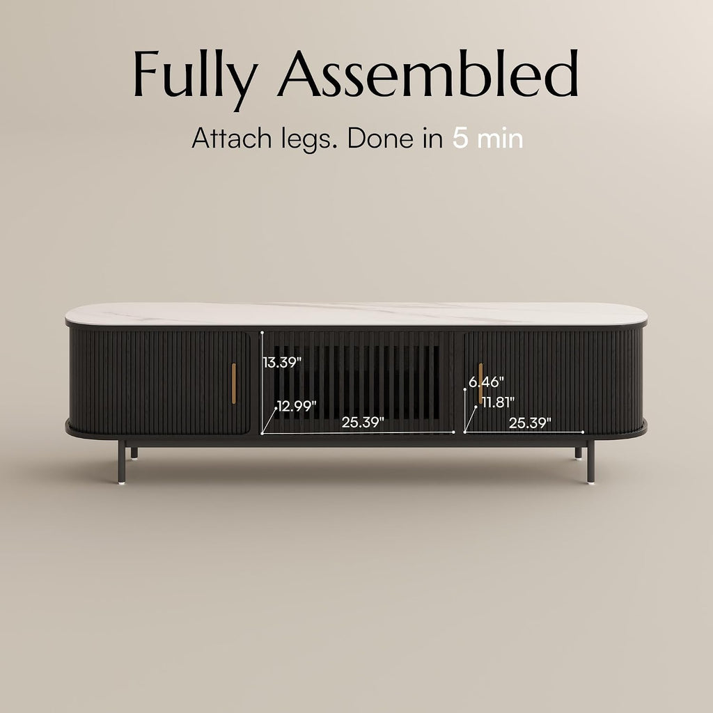 POVISON Fully-Assembled Sliding Tambour Door TV Stand, Mid Century Modern Sintered Stone TV Console, Wood Media Console for 75 Inch TV, Entertainment Center with Storage Cabinet(Black, 78.74')