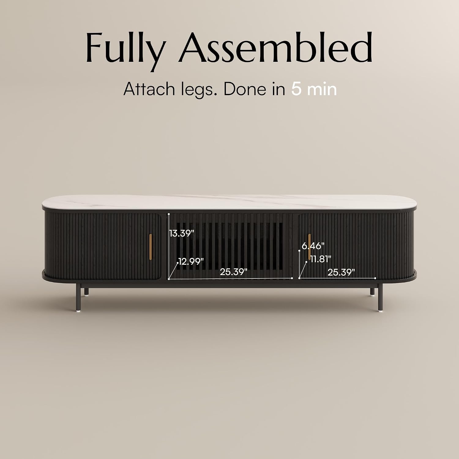 POVISON Fully-Assembled Sliding Tambour Door TV Stand, Mid Century Modern Sintered Stone TV Console, Wood Media Console for 75 Inch TV, Entertainment Center with Storage Cabinet(Black, 78.74')