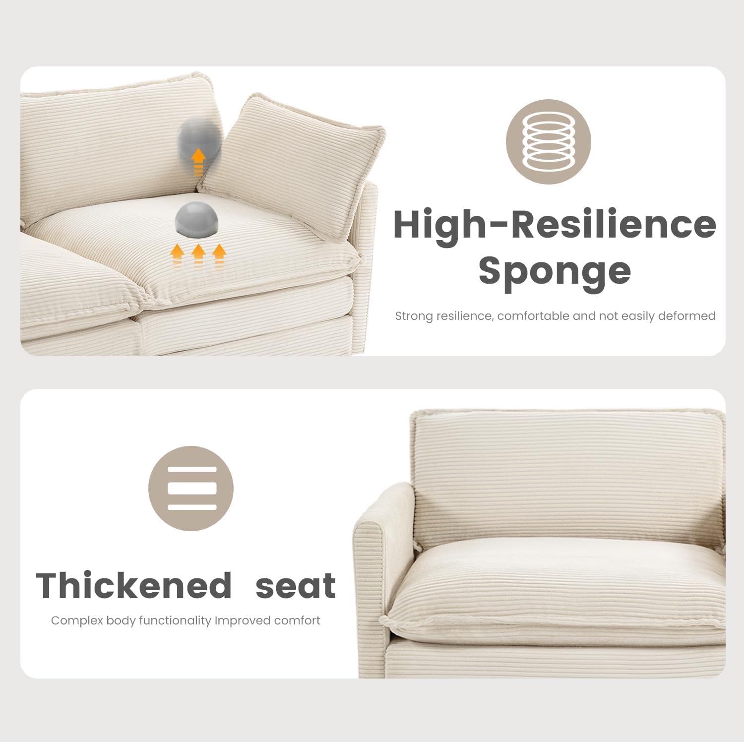 78'' Modular Sectional Cloud Couch with 2 Movable Ottoman, 4 Seat Comfy Modern Corduroy Sofa with 2 Throw Pillows, Deep Seat Sleeper Couch for Living Room Bedroom Apartment, Beige