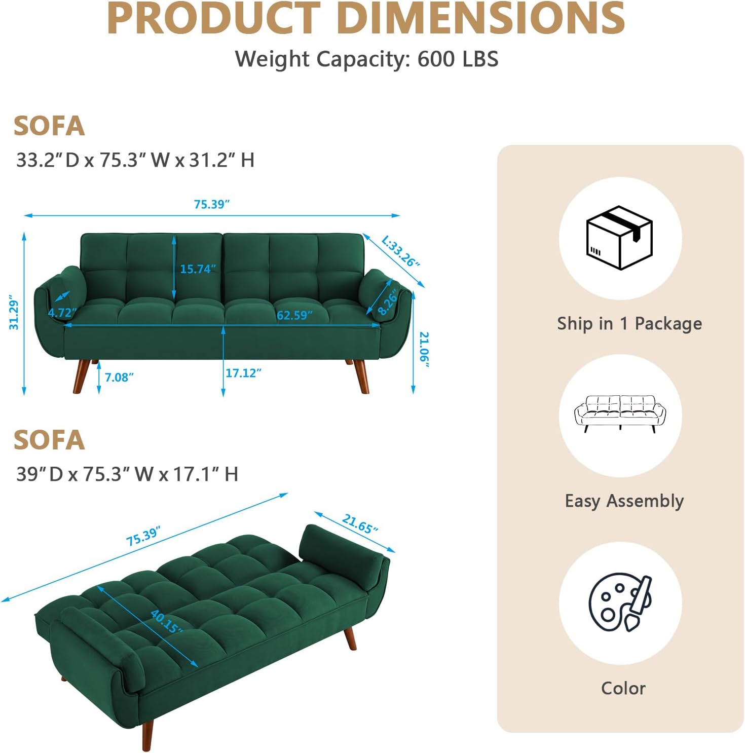 75' Convertible Futon Sofa Bed, Sleeper Couch Bed with Adjustable Backrest, Small Couches for Small Spaces, Living Room, Bedroom and Office (Green)