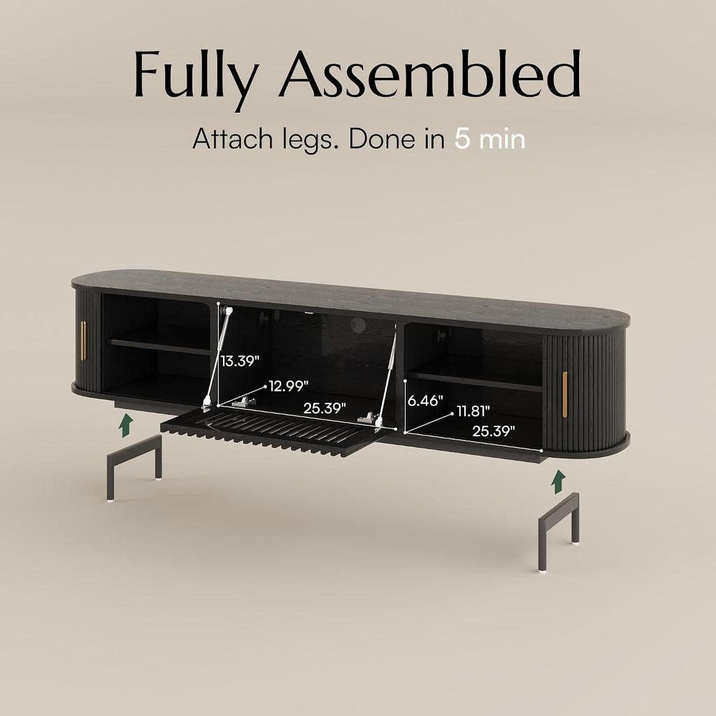 POVISON Fully-Assembled Mid Century Modern TV Stand, Sliding Tambour Door Entertainment Center with Storage, Wood TV Console, Media Console for Living Room Bedroom(Black, 78.74')