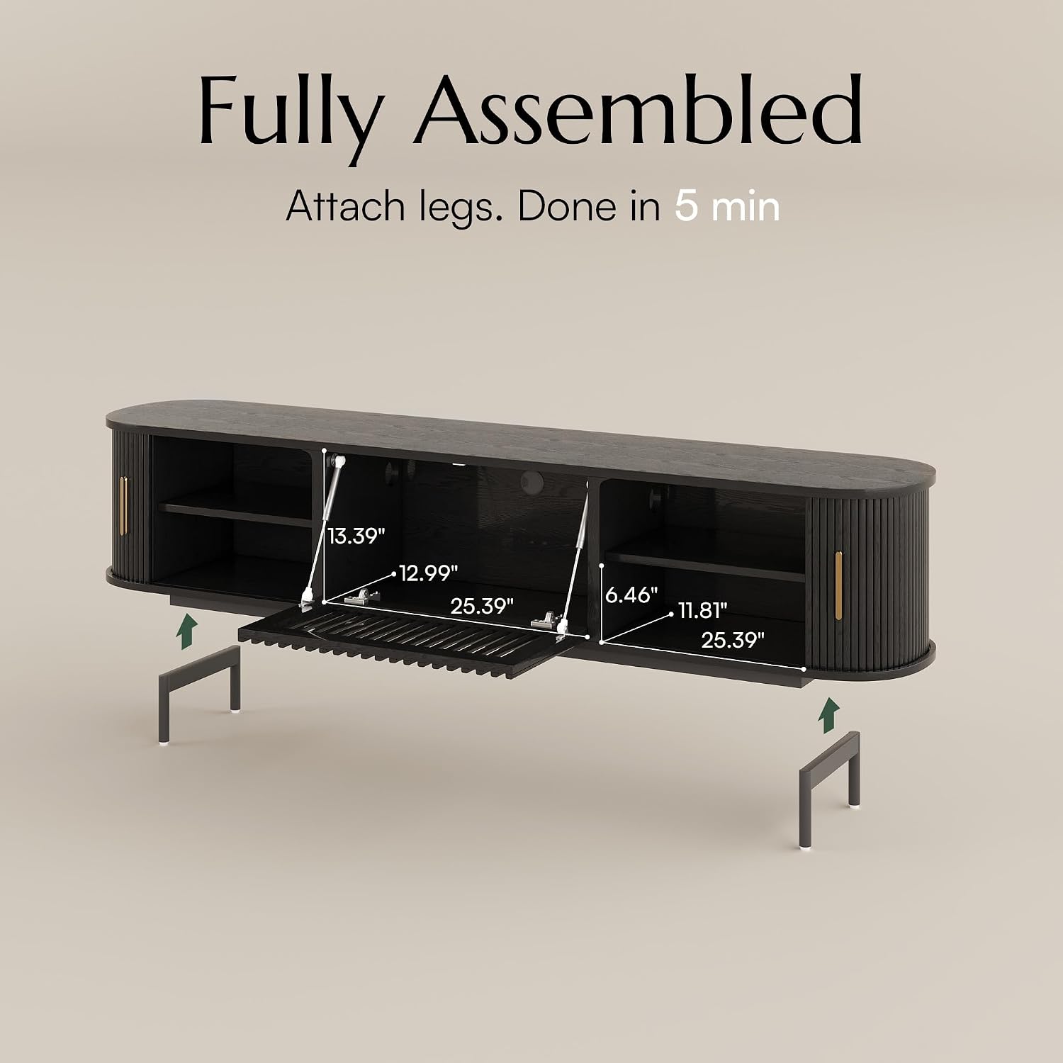 POVISON Fully-Assembled Mid Century Modern TV Stand, Sliding Tambour Door Entertainment Center with Storage, Wood TV Console, Media Console for Living Room Bedroom(Black, 78.74')